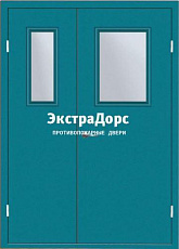 Противопожарная дверь двупольная дымонепроницаемая со стеклом бирюзовая