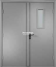 Противопожарная дверь двухстворчатая серая остекленная
